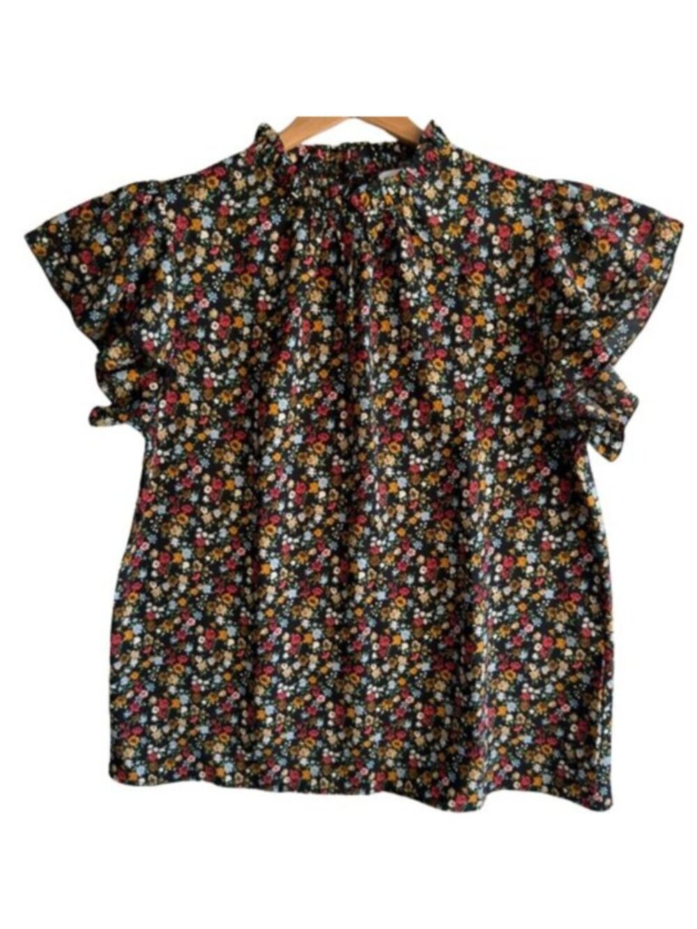 Floral Cottagecore Ruffle Flutter Sleeve Dark Blouse Mock Neck Boho XL ELINGS